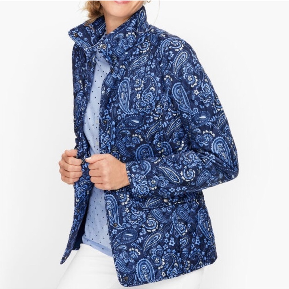 Talbots Quilted Navy Paisley Coat Classic Fall Jacket - size M